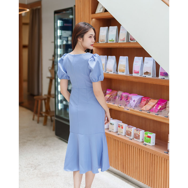 kudapy เดรสสั้นสีฟ้า เรียบหรู ดูแพง ใส่ไปงานแต่งกลางวัน/กลางคืน ชุดราตรี ชุดไปงานแต่ง