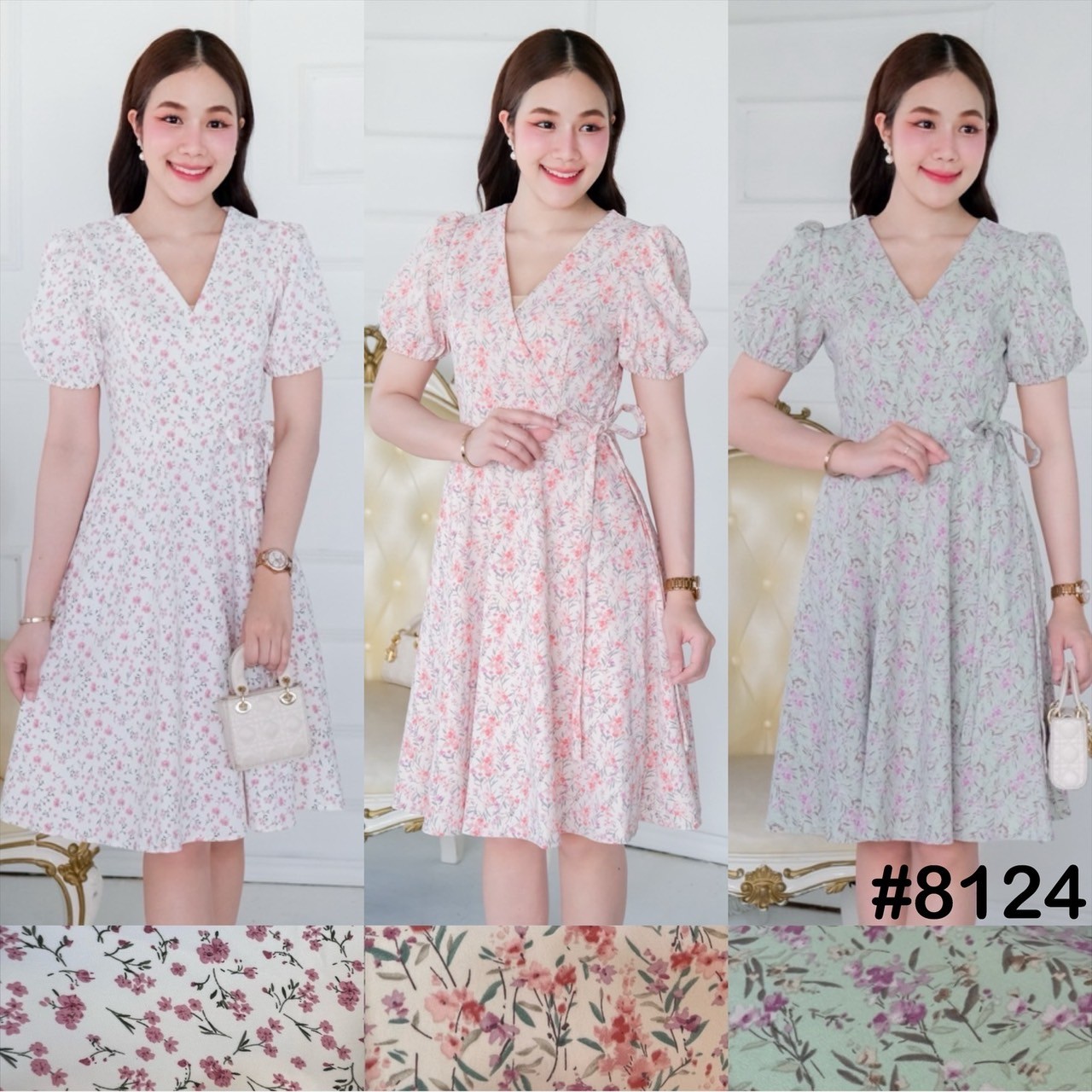 kudapy เดรสสั้นสีชมพู/สีชมพูพีช/สีเขียว คอวี ดีเทลอกป้าย ริบบิ้นผูกเอวข้างเพิ่มความกระชับ