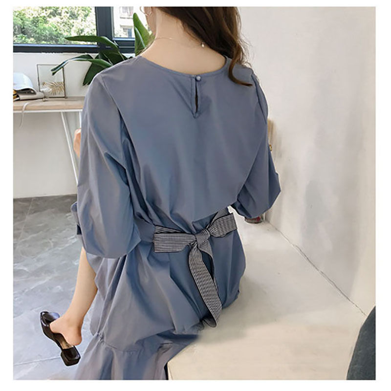 kudapy ชุดเดรสสั้นสีขาว,สีฟ้า แฟชั่นแขนยาวทรงบาน แบบสวยหวานน่ารัก มีสายผ้าผูกเอว