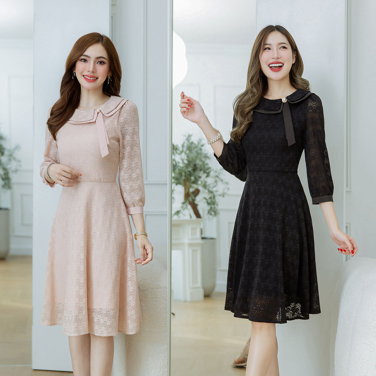 kudapy เดรสสั้นสีชมพู/สีดำ ลูกไม้คอปกซ้อนสองชั้น มีดีเทลแต่งมุกสวยเก๋ข้างปก ผ้าลูกไม้เนื้อหนานิ่มทิ้งตัว