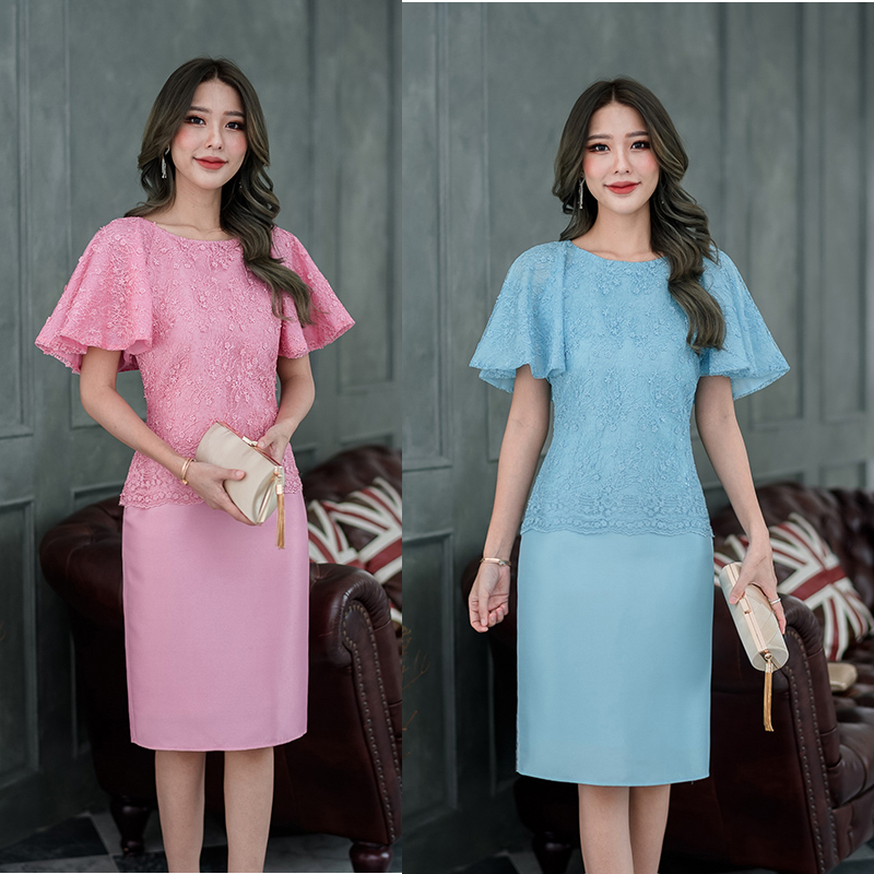 kudapy เดรสสั้นสีชมพู/สีฟ้า ลูกไม้ผ้าไหมญี่ปุ่น เป็นงานแขนระบายปีกผีเสื้อพองระบายดูหรู กระโปรงผ้าไหมญี่ปุ่น รุ่นนี้ออกงานมงคล