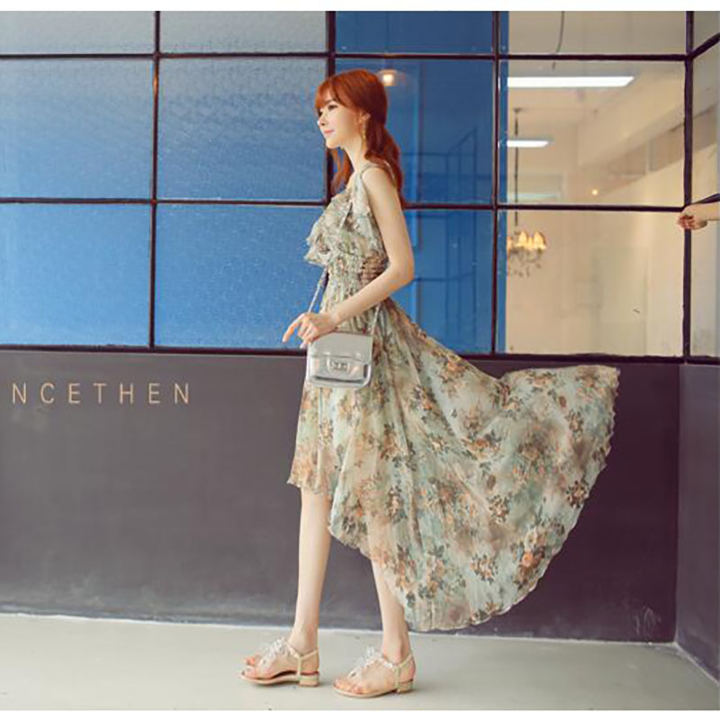 kudapy เดรสสั้น สีเขียว ผ้าชีฟองหน้าสั้นหลังยาว คอวีระบาย ลายดอกไม้น้ำตาลอมเหลือง สวยหวานดูดี