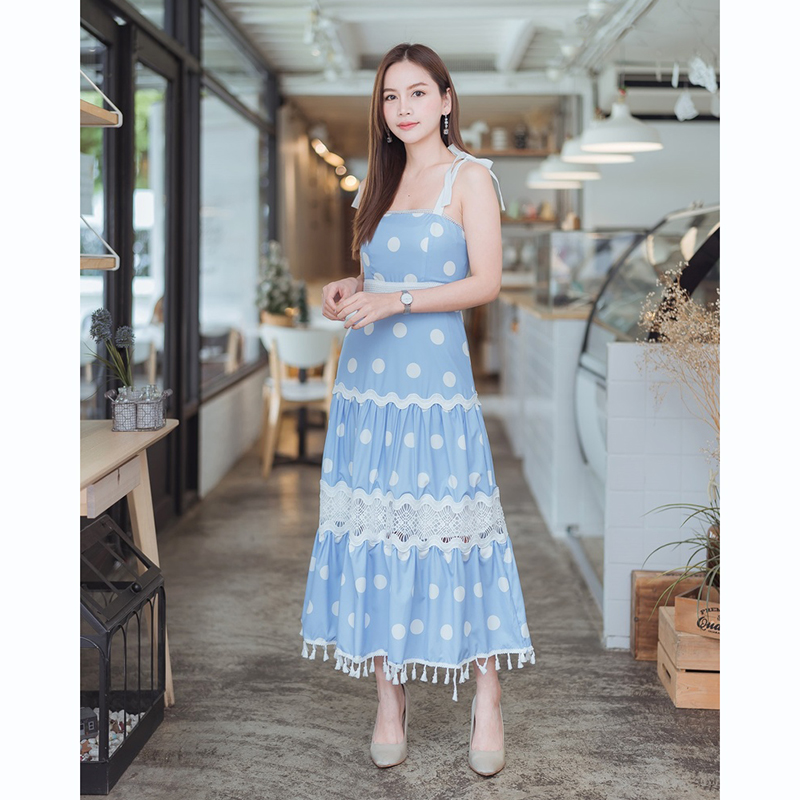 kudapy เดรสยาวแขนกุดสีฟ้า สายเดี่ยวแทรกลูกไม้ใส่สบายสวยดูดี