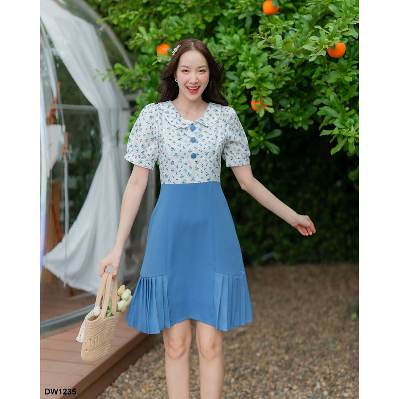 kudapy เดรสสั้นสีชมพู สีกรม สีน้ำเงินเข้ม คอบัวเสื้อลายดอกกระโปรงผ้าพื้น