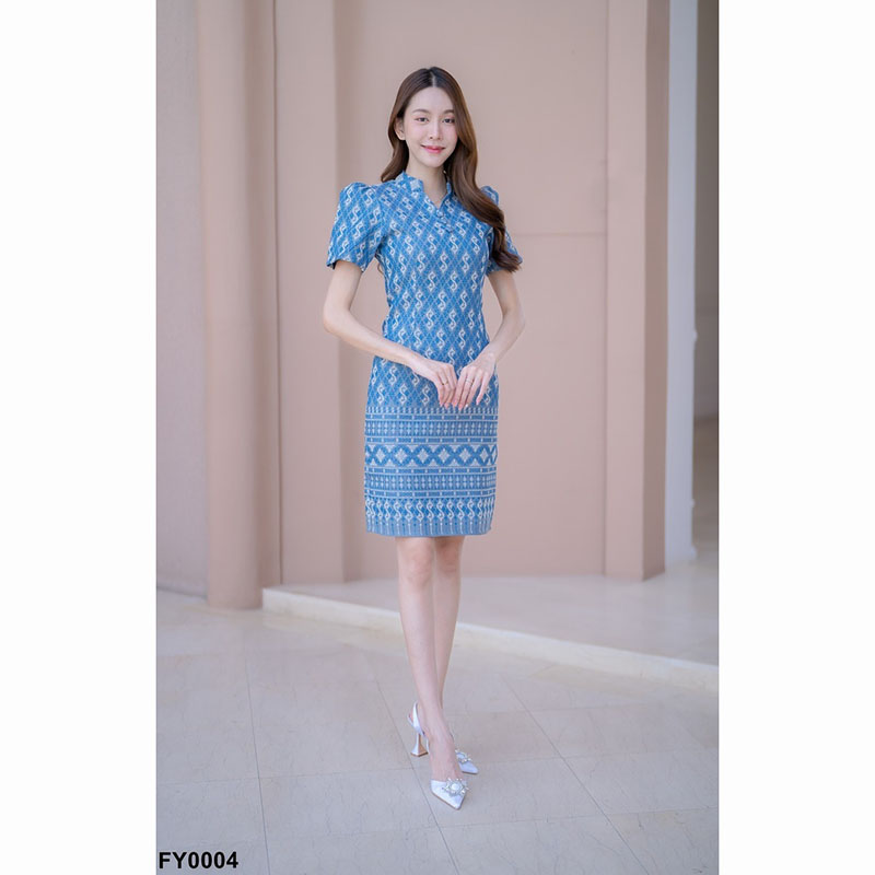 kudapy เดรสสั้นสีเทา/สีกรม/สีชมพู ผ้าไทยคอปีนลายขอ