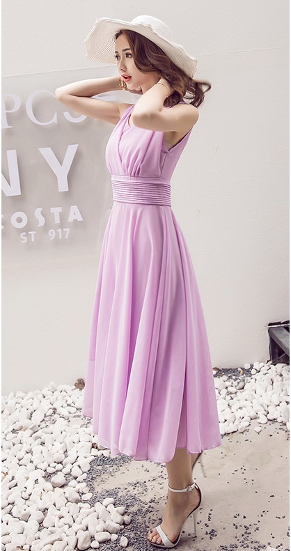 kudapy แม็กซี่เดรสยาวคอวีสีชมพูโอรส/สีม่วง/สีขาว/สีเขียวเข้ม/สีน้ำเงินสด เดรสยาวแขนกุด ผ้าชีฟองทิ้งตัว พริ้วมากค่ะรุ่นนี้ใส่ไปทะเล ไปงานได้น้าา