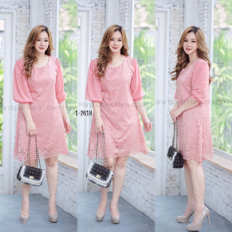 kudapy เดรสสั้นผ้าลูกไม้คอกลม แขนชีฟร็องสามส่วน ทรงเอ ผ้าลูกไม้เนื้อนิ่ม ใส่สบาย มีซับทั้งชุด