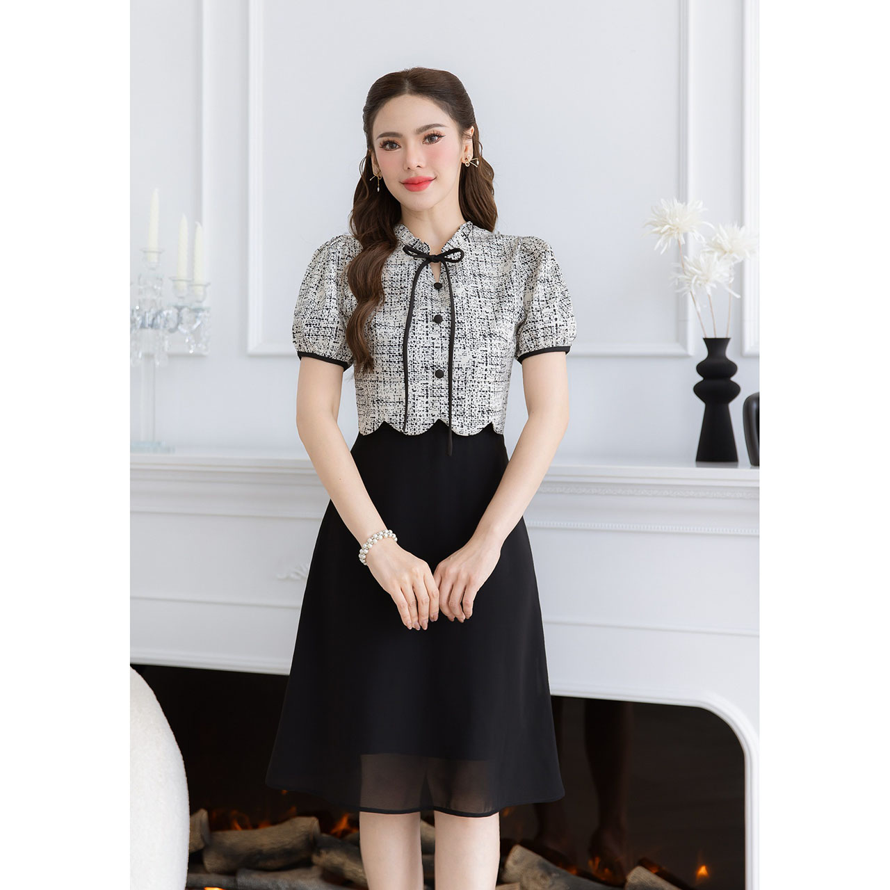 kudapy เดรสผ้าพิมพ์ลายกระโปรงชีฟอง ด้านบนเป็นผ้าพิมพ์ลายอัดกาวอยู่ทรง กระโปรงชีฟองสวยพริ้วใส่สบาย