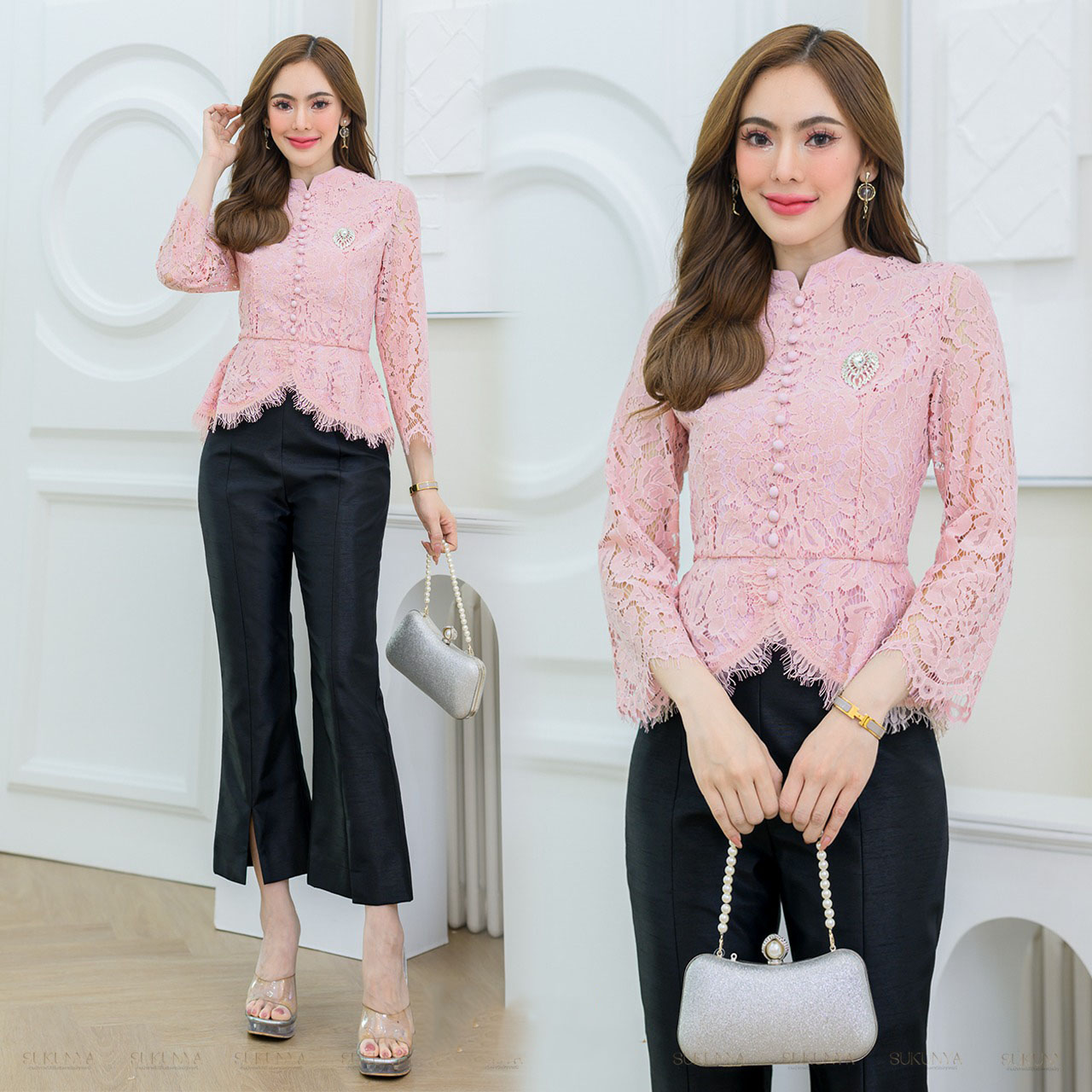 kudapy เสื้อลูกไม้สีชมพู //สีขาว เนื้อฝรั่งเศสนิ่มไม่คัน ตัวเสื้อบุซับใน แต่งกระดุมหน้า คอจีน แขนยาว แต่งเอวดีดแหวกหน้า (เฉพาะเสื้อ)