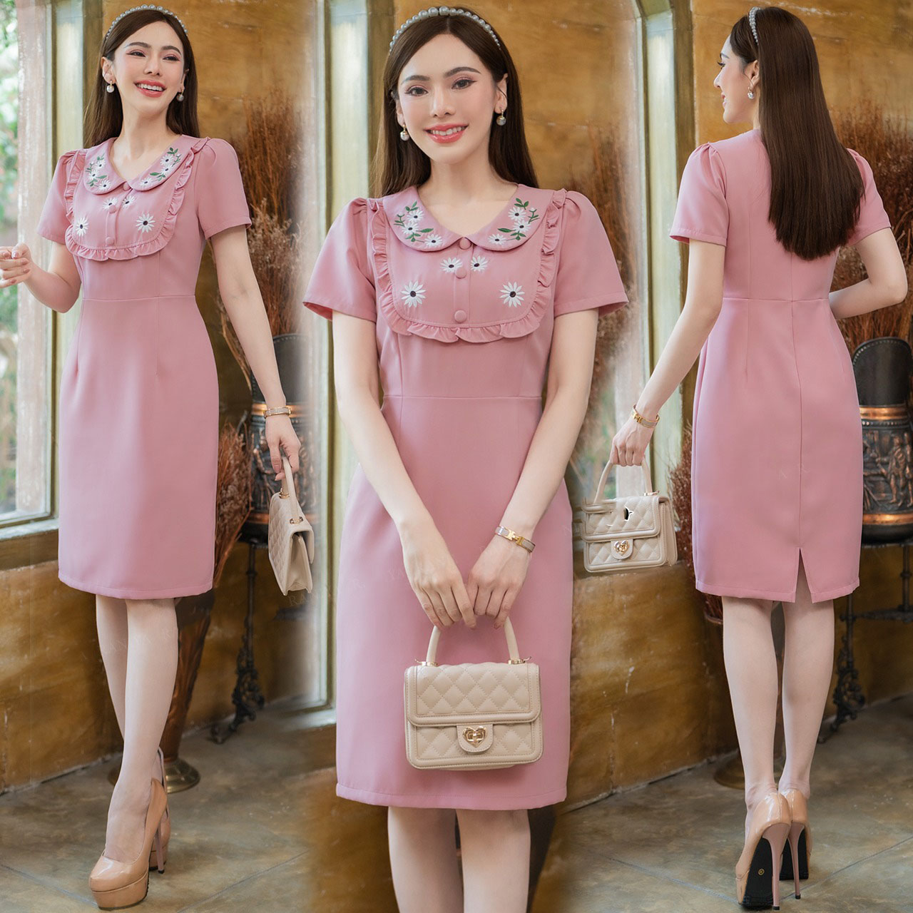 kudapy เดรสทรงสอบงานผ้าโพลีเอสเตอร์ คอบัวแต่งกระดุมหน้า ปักลายดอก