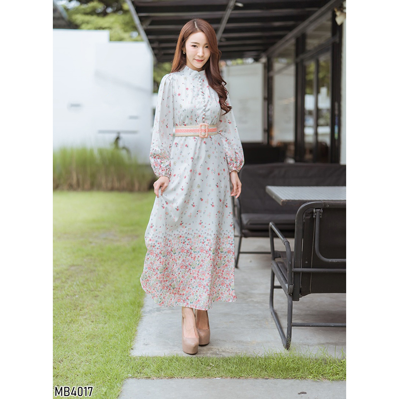 kudapy เดรสยาวสีขาว/ชมพู แขนยาวกระดุมหน้าใส่สบายสวยดูดี