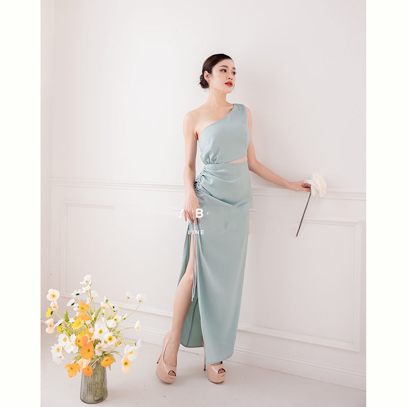 kudapy เดรสยาวน้ำตาลอิฐ / ชมพู / เขียว ดีเทลซีทรูคอดเข้าช่วงเอวบน ด้านข้างแหวกเป็นแบบรูดปรับระดับได้ตามชอบ