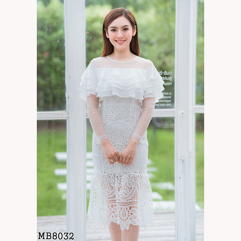 kudapy เดรสสั้รสีชมพู/สีกรม/สีขาว ลูกไม้อกชีฟอง4ชั้นใส่สวยดูดี