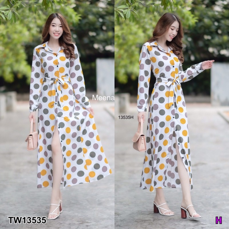 kudapy เดรสยาวสีขาว/สีส้มอิฐ/สีเหลือง ปกเชิ้ต ติดกระดุมด้านหน้า แขนยาว มีโบว์ผูกเอว เนื้อผ้าไหมญี่ปุ่นพิมพ์ลายจุดใหญ่