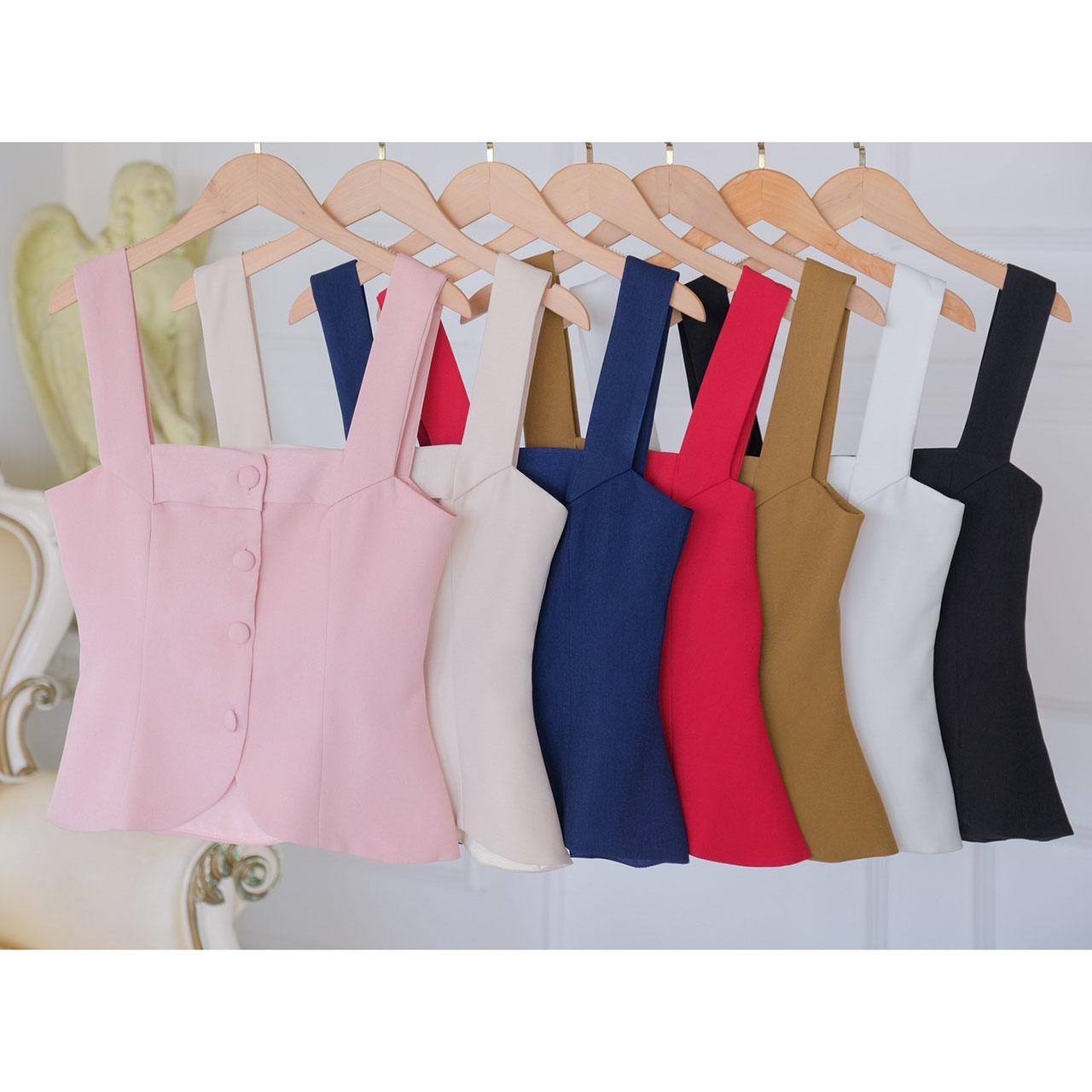 kudapy ชุดเซ็ทเสื้อแขนกุดกระดุมหน้า ชายโค้งทิวลิป คอตตอนวูลบาง อัดกาว กระโปรงทรงบานเอวสูง พริ้วสว