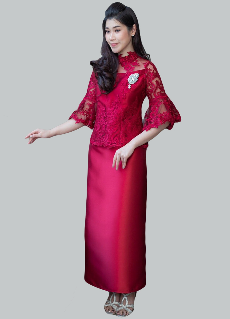 kudapy ชุดออกงานผู้ใหญ่สีแดง เซ็ท2ชิ้น เสื้อลูกไม้คอปีน แขนกระดิ่ง + กระโปรงยาวทรงสอบ