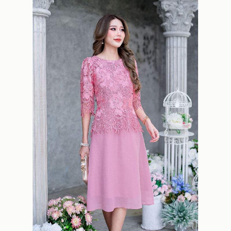 kudapy เดรสสั้นสสีคราม/สีชมพู/สีขาว ลูกไม้เงาคัดเกรดผ้าสวยลายแน่นคะ ดีไซน์สวยดูแพง