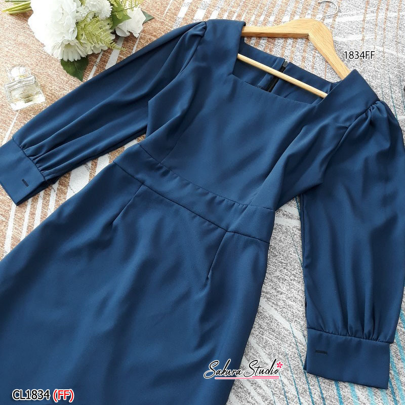 kudapy เดรสสั้น แขนยาว คอเหลี่ยม งานผ้าซาร่าอย่างดี มีซิปซ่อนหลัง เอวไม่สม็อค