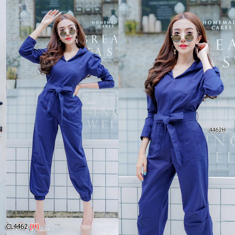 kudapy จั้มสูทสีดำ/สีเหลือง/สีกรม/สีเขียว ทรงสวย แขนยาว สีพื้น งานเนื้อผ้าซ่าร่ามีซิปอก มีฮู้ดคลุม