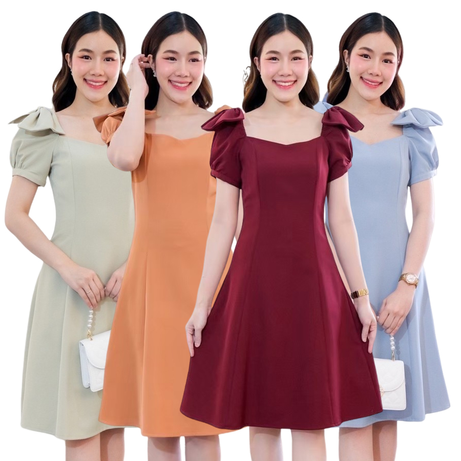 kudapy เดรสสั้นสีฟ้าอมเทา,เขียวอมเทา,สีโอรส,สีครีมนู้ด แขนตุ๊กตา ดีเทลบ่าโบว์ ทรงอกหัวใจ แพทเทิร์นนี้ใส่สวย
