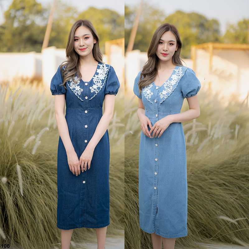 kudapy เดรสยีนส์ยาวสีกรม/สีฟ้า คอปกแต่งลูกไม้ กระดุมหน้า ใส่สบายสวยดูดี