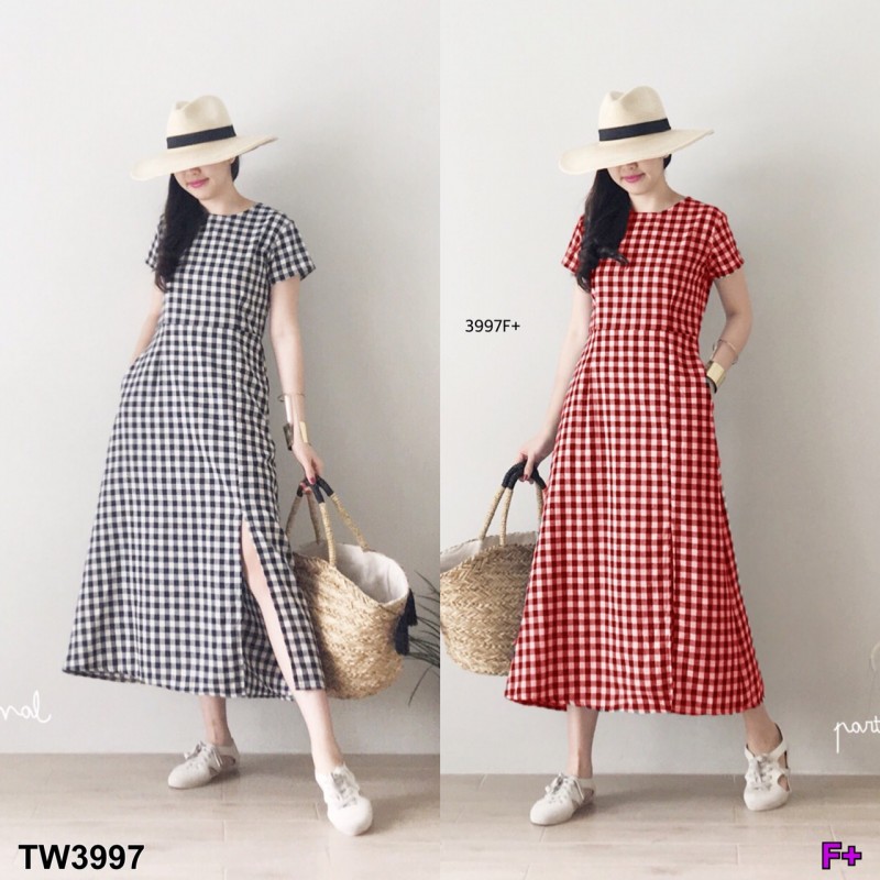 kudapy แม็กซี่เดรส ยาว งานผ้าทอลายสก็อตแขนสั้น ทรงหรู ดูน่ารักฝุุดๆ มีซิปหลัง