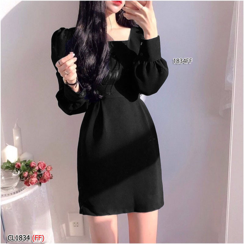 kudapy เดรสสั้น แขนยาว คอเหลี่ยม งานผ้าซาร่าอย่างดี มีซิปซ่อนหลัง เอวไม่สม็อค