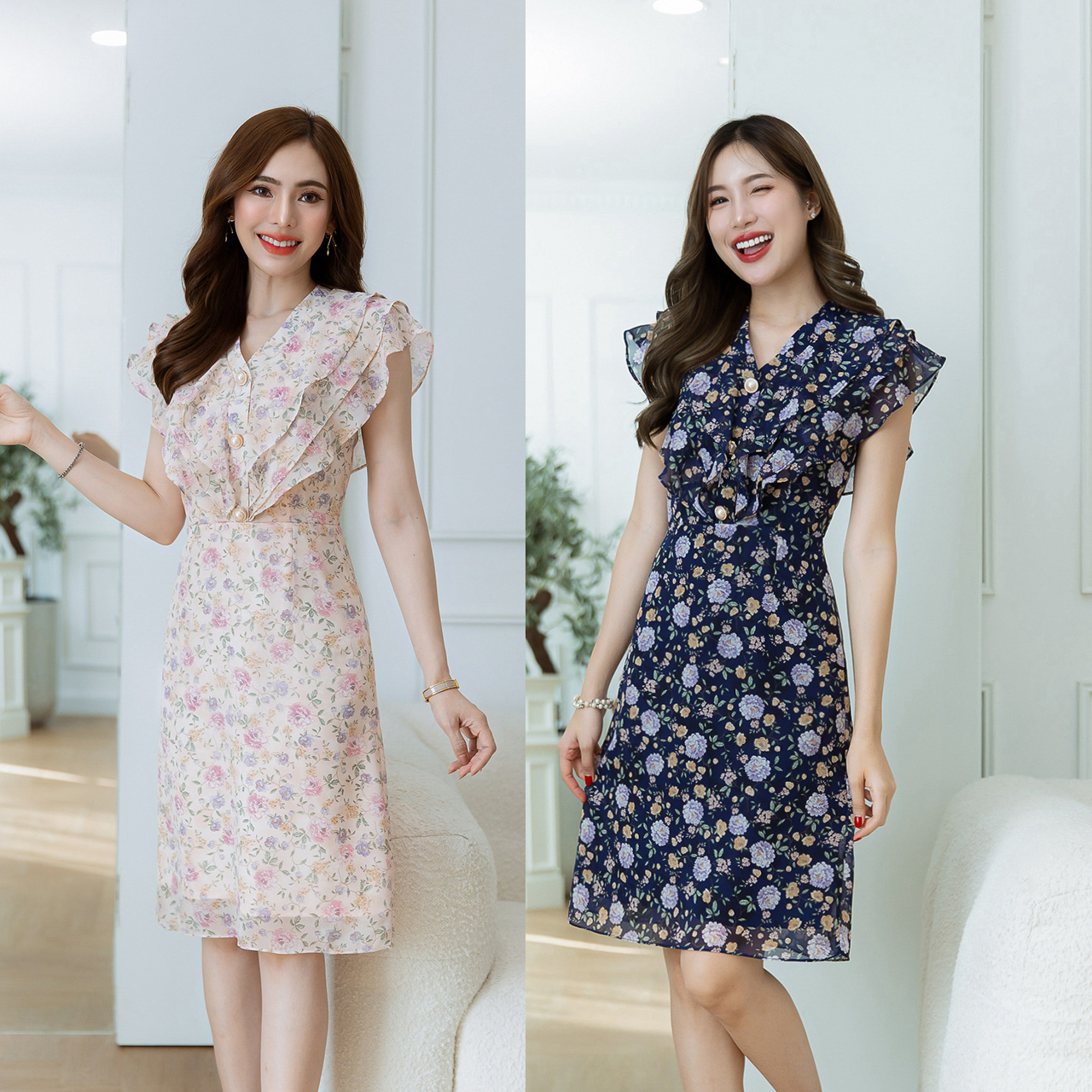 kudapy เดรสสั้นสีชมพู/สีกรม ชีฟองลายดอก เป็นคอวีระบายสามชั้นทั้งด้านหน้าและหลัง มีดีเทลแต่งกระดุม แต่สวยหวานไม่เรียบเกินไป