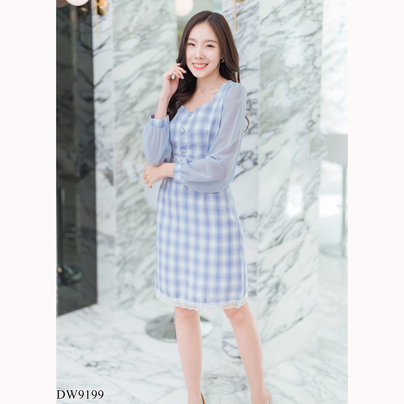 kudapy เดรสสั้นแขนยาวชีฟองคอเหลี่ยมสีชมพู/สีฟ้า/สีดำ ลายสก็อตชาบลูกไม้แขนชีฟอง