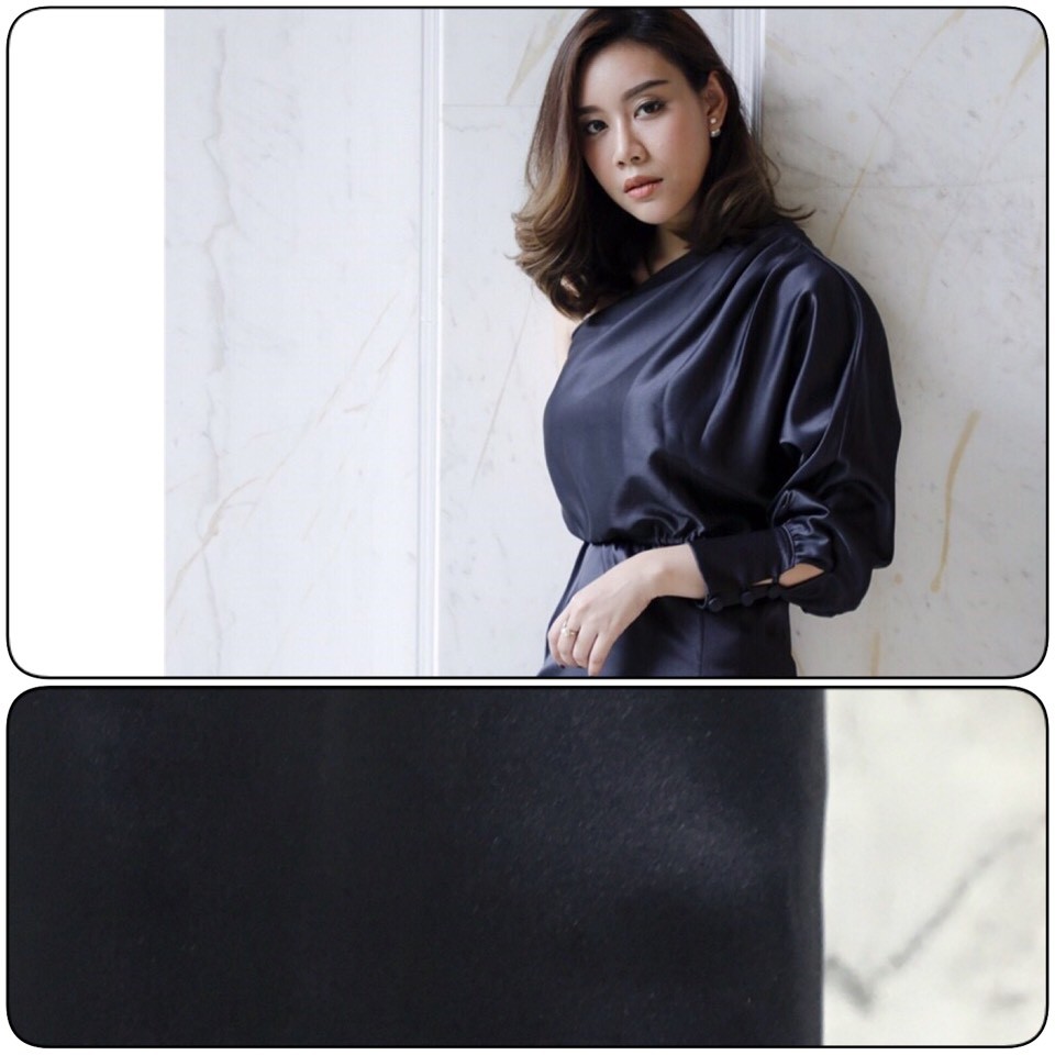 kudapy ชุดราตรียาวไปงานแต่ง เดรสยาวไหล่เดี่ยวเฉียงข้างสีดำกรมท่า ชมพูโรสโกลด์ แดงไวน์