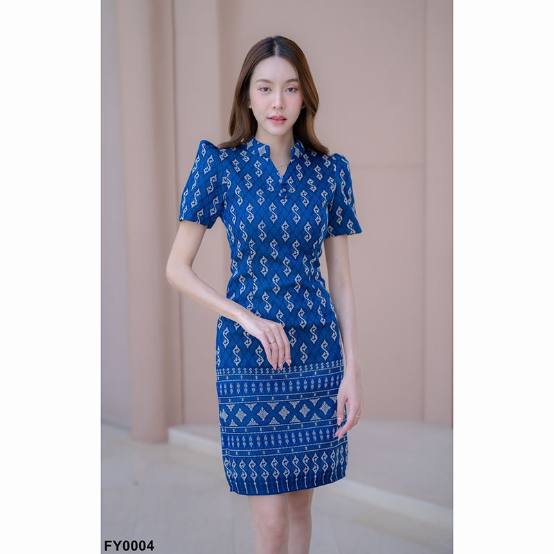 kudapy เดรสสั้นสีเทา/สีกรม/สีชมพู ผ้าไทยคอปีนลายขอ