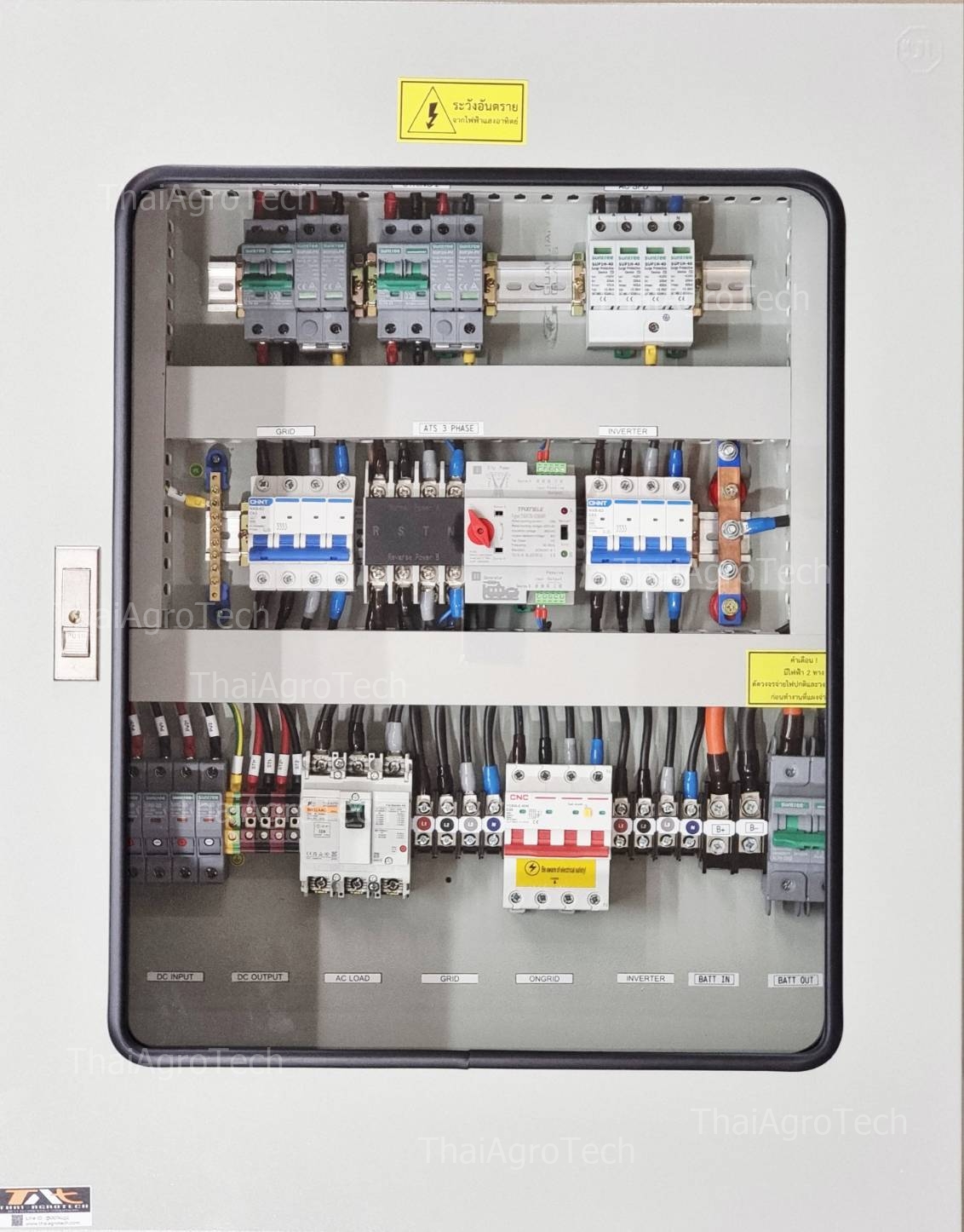 ตู้คอมบายเนอร์แบบไฮบริดแบบออนออฟกริด 2สตริง 3เฟส (ตู้หน้ากระจก) Hybrid On-OffGrid ขนาด 5kw-40Kw MCCB, RCBO, DC 2string ATS 100A 4P (3Phase) ระบบโซล่าเซลล์ ไฮบริด #Deye #Growatt #PowMr #SRNE #LVTOPSUN #Anern