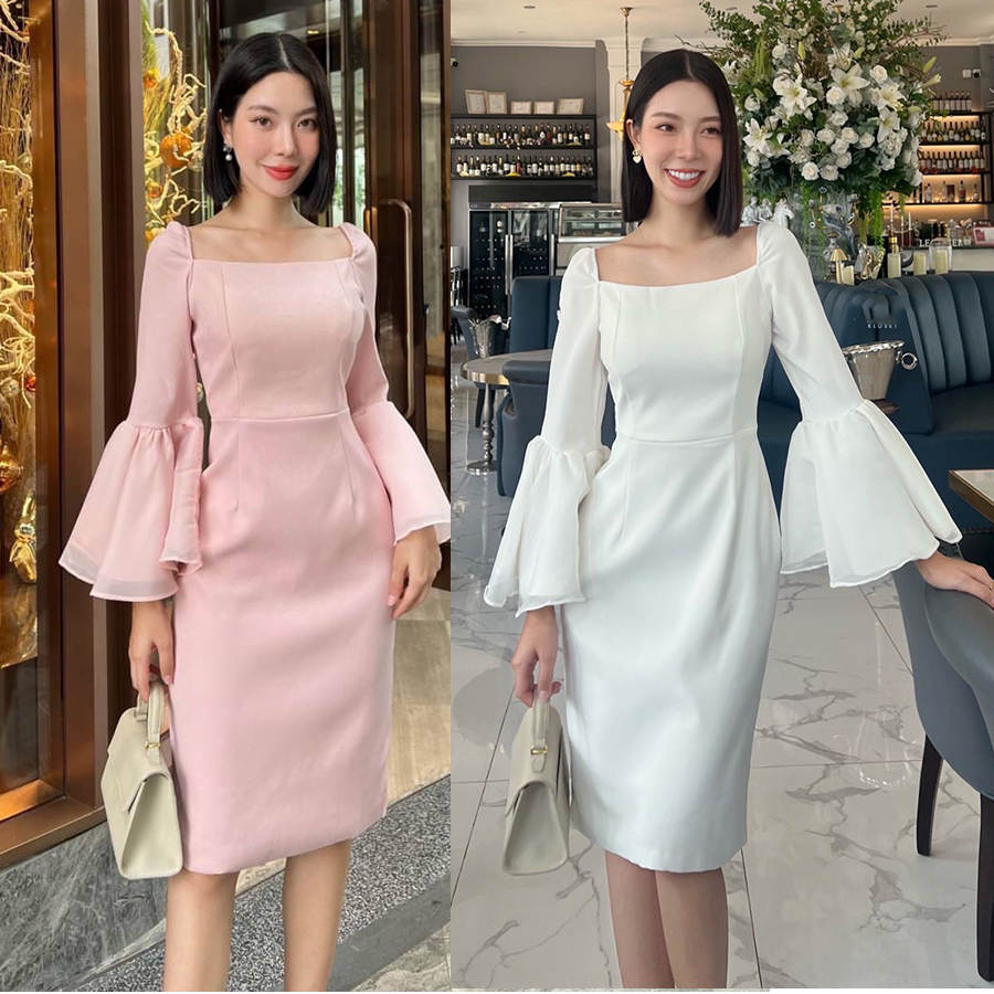 kudapy เดรสทรงสูทแขนยาวสีขาว ,สีชมพู แขนกระดิ่งแต่งระบายทรงสวย ใส่ออกงานปังมาก