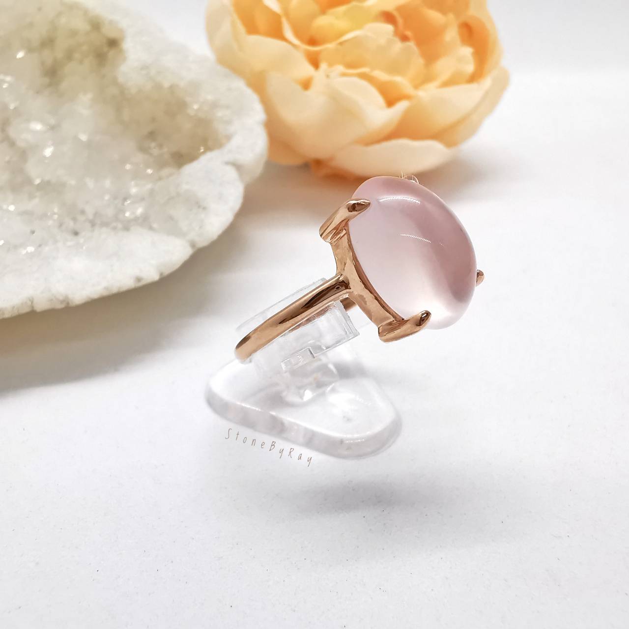 แหวนเงินชุบพิ้งโกล์ดหินโรสควอตซ์ Rose Quartz