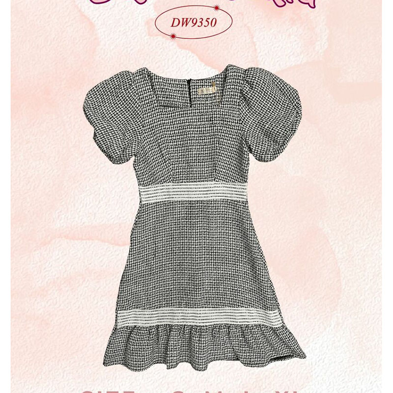 kudapy เดรสสั้นสีฟ้า/สีชมพู/สีดำ ผ้าทวิตแต่งแถบคาดขาว แขนสั้น มีซิปหลัง ใส่สบายสวยดูดี ใส่ทำงาน