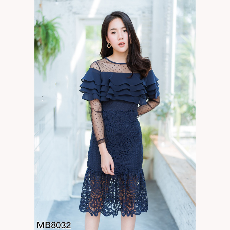 kudapy เดรสสั้รสีชมพู/สีกรม/สีขาว ลูกไม้อกชีฟอง4ชั้นใส่สวยดูดี