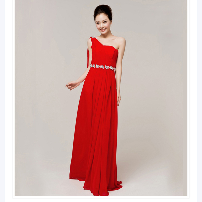 kudapy ชุดราตรียาวสีแดง/สีฟ้าอ่อน/ม่วงอ่อน ไหล่เดียว จับเตรปสไตล์กรีก คาดคริสตัลช่วงเอว