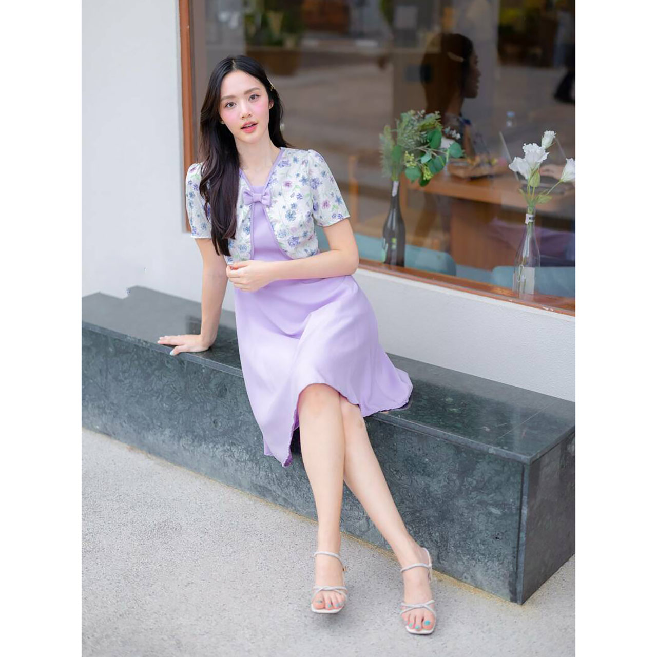 kudapy เดรสสั้นสีชมพู/สีม่วง/สีฟ้า กระโปรงบานกั๊กลายดอก