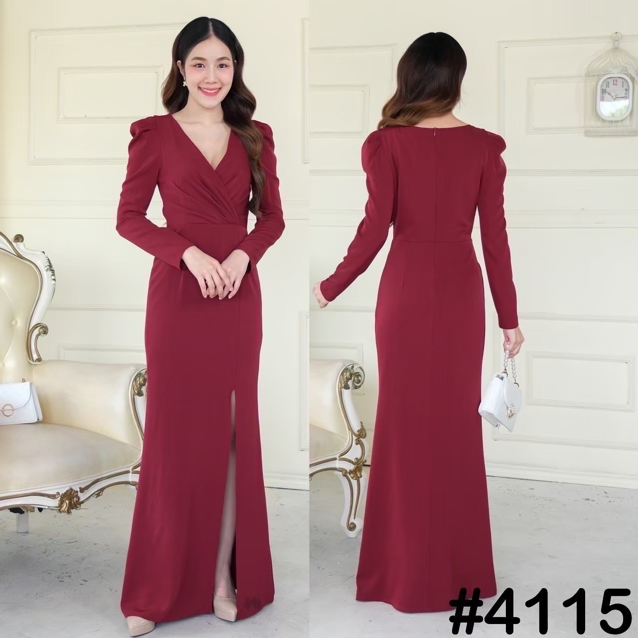 kudapy ดรสยาวสีคาราเมล/สีเขียวพิตาชิโอ้/สีครีมนู้ด/สีชมพู/สีดำ จับจีบเอว อกไขว้วี แต่งแขนตุ๊กตาทรงแขนยาว กระโปรงทรงสอบ ผ่าหน้า