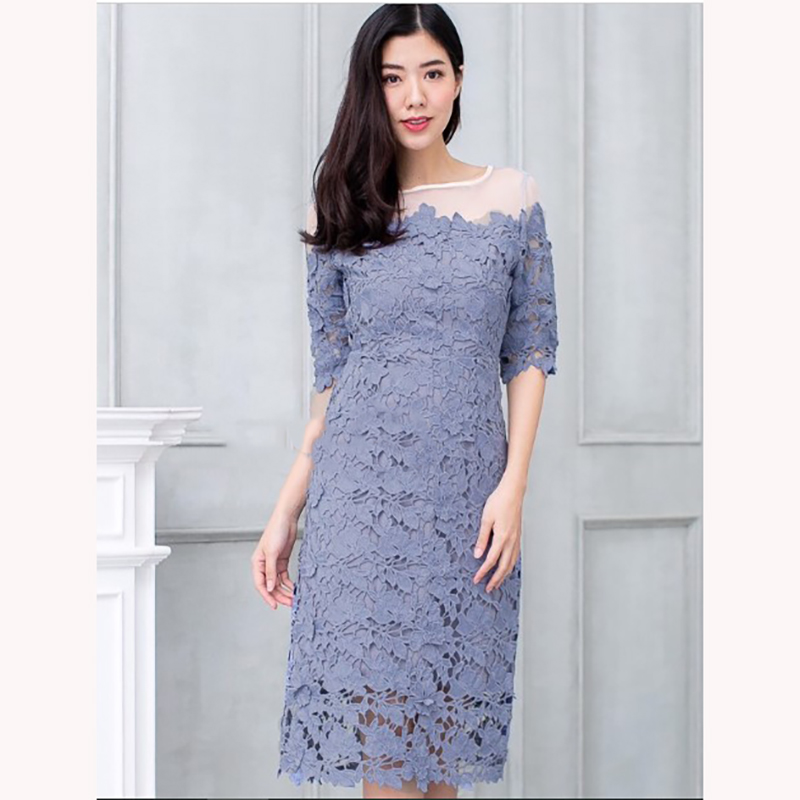 kudapy เดรสลูกไม้สีฟ้าคราม/สีฟ้า/สีชมพูกลีบบัว แขนสามส่วน ไหล่ซีทรูผ้าไหมแก้ว ผ้าลูกไม้