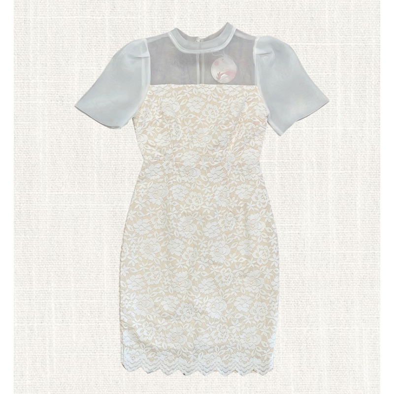 kudapy เดรสสั้นสีชมพู/สีขาว ลูกไม้แต่งแขน สวยดูดี