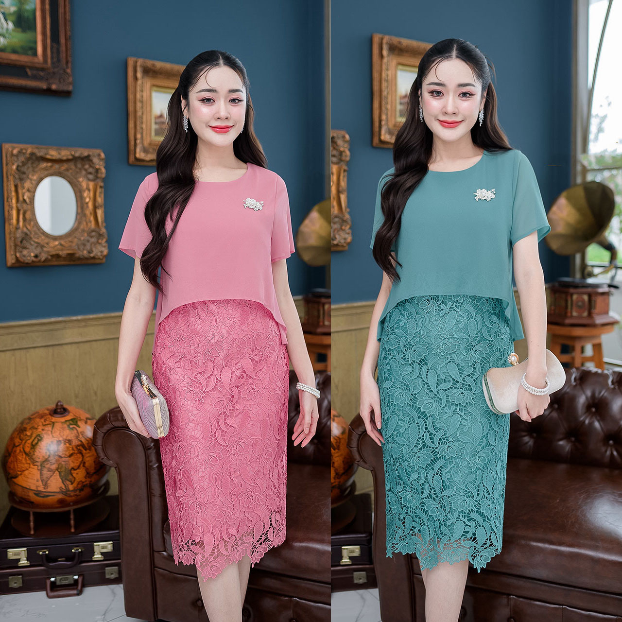 kudapy เดรสสั้นสีเขียว(มิ้น)/สีชมพูกลีบบัว ลูกไม้เรียบแต่หรู กระโปรงใช้ผ้าลูกไม้ปาด้าคอตตอนเกรดสวยทอลาย เป็นทรงตรงสอบได้ลุคหรูหรา