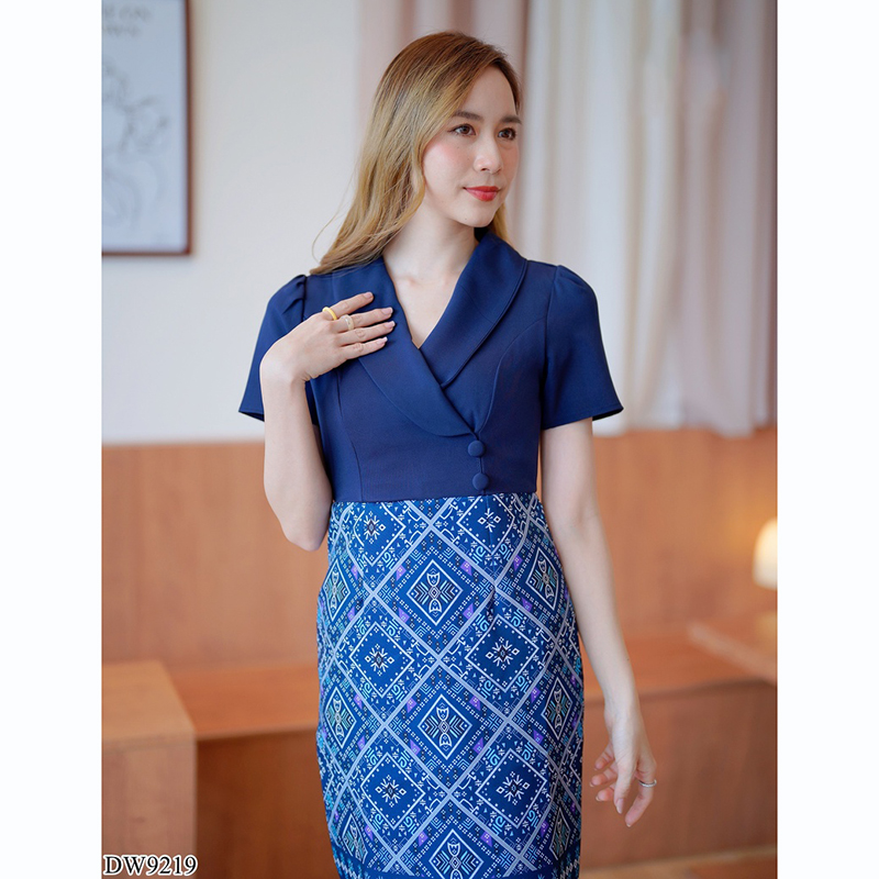 kudapy เดรสสั้นสีเหลือง/สีม่วง/สีกรม ปกสูทลายไทยสวยดูดีน่ารัก