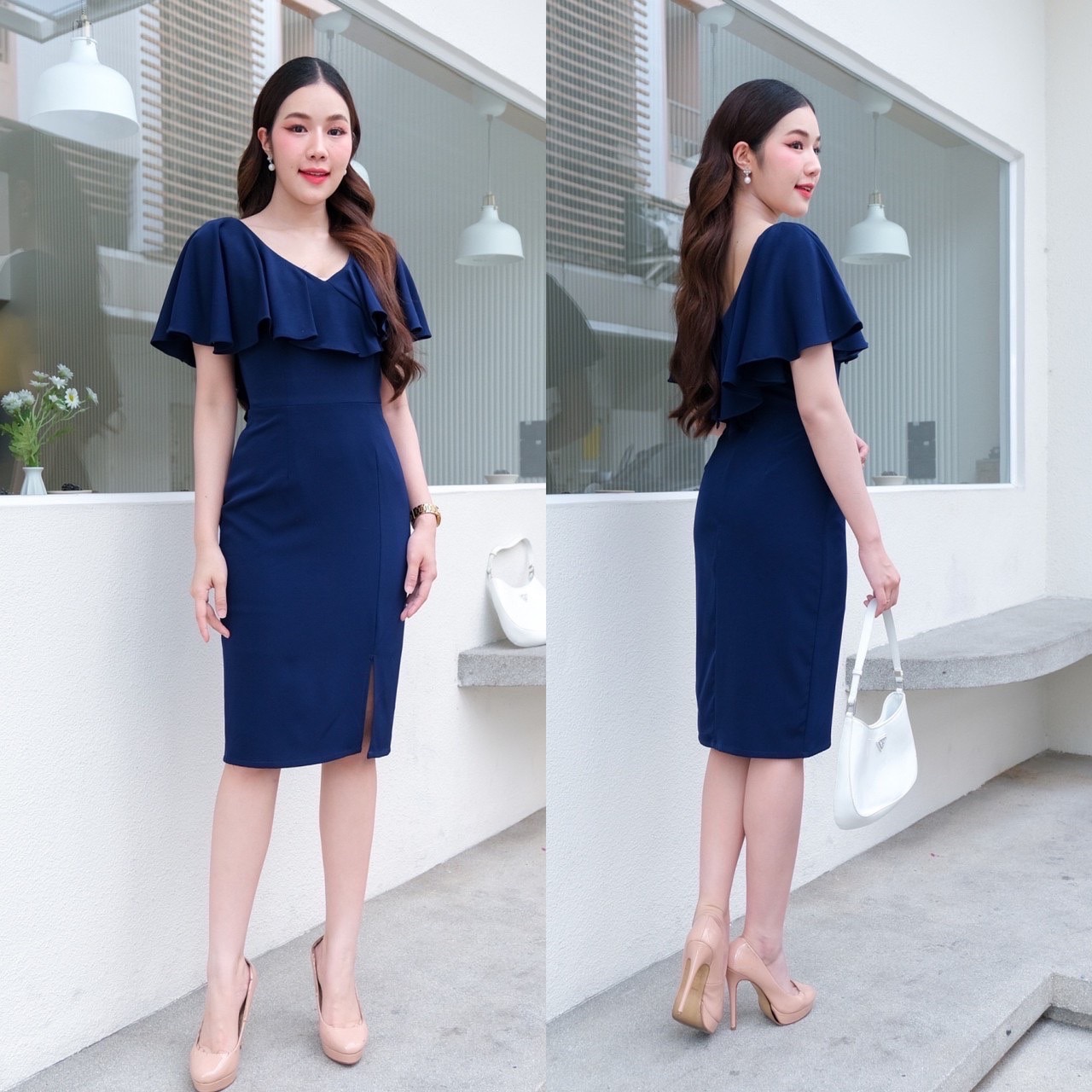 kudapy เดรสสั้นสีแดง/สีเทาอ่อน/สีกรมท่า คอวี คอระบายทรงสุภาพ ใส่ได้หลายโอกาส เนื้อผ้า Korean Crepe พริ้วลื่น เย็น ใส่สบาย