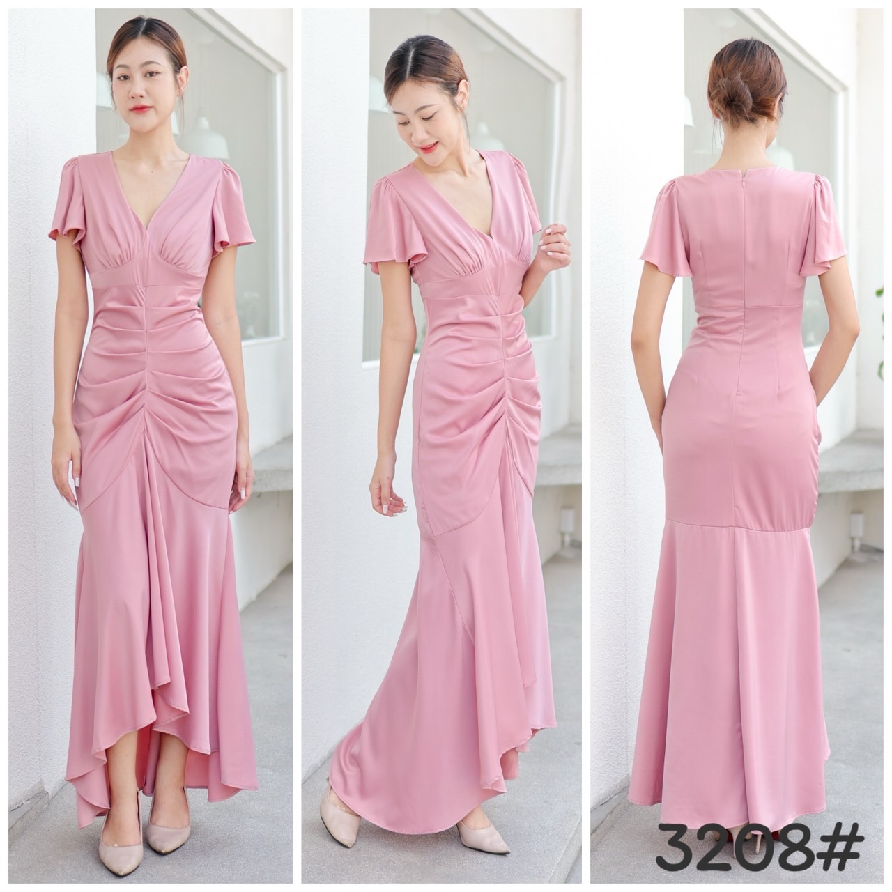 kudapy ชดเดรสราตรีออกงาน ทรงวี แขนกระดิ่งระบาย เอวสูง กระโปรงเจ้ารูปหางปลา จับเดรป พรางพุงหมาน้อย