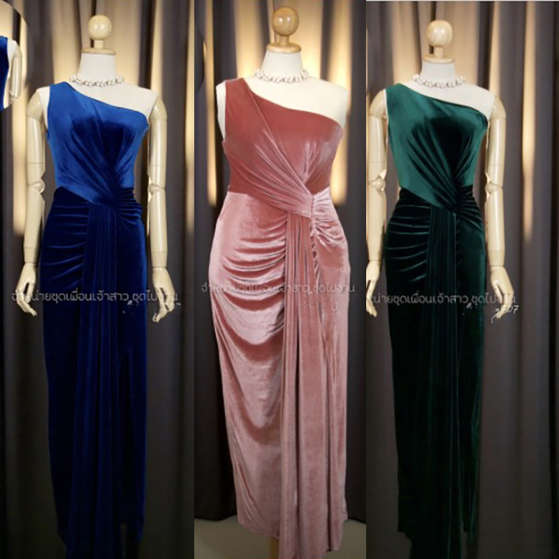 kudapy เดรสยาวสี/กรม/สีชมพู/สีเขียว ทรงกรีกงามๆ จีบเอวพรางพุงดีมาก ซิปหลังใส่ง่าย ยืดได้เยอะ