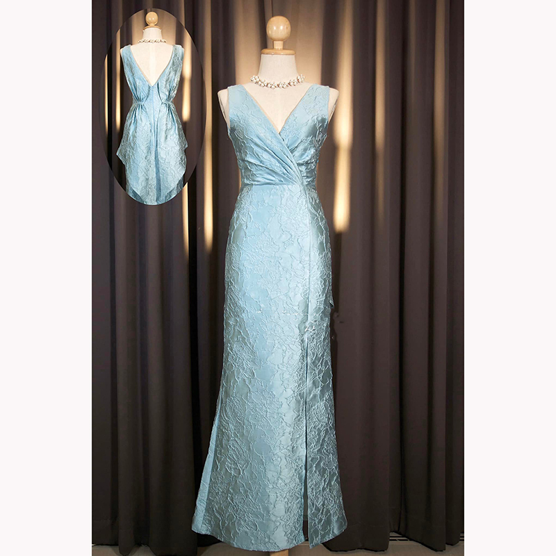 kudapy เดรสยาวสีแดงเบอร์กันดี กรมท่า เขียว ฟ้า ทอง ชมพู คอวี ผูกโบว์เอวได้ กระโปรงทรงหางปลาเข้ารูป ด้านหลังจับจีบ ทรงหูกระต่าย