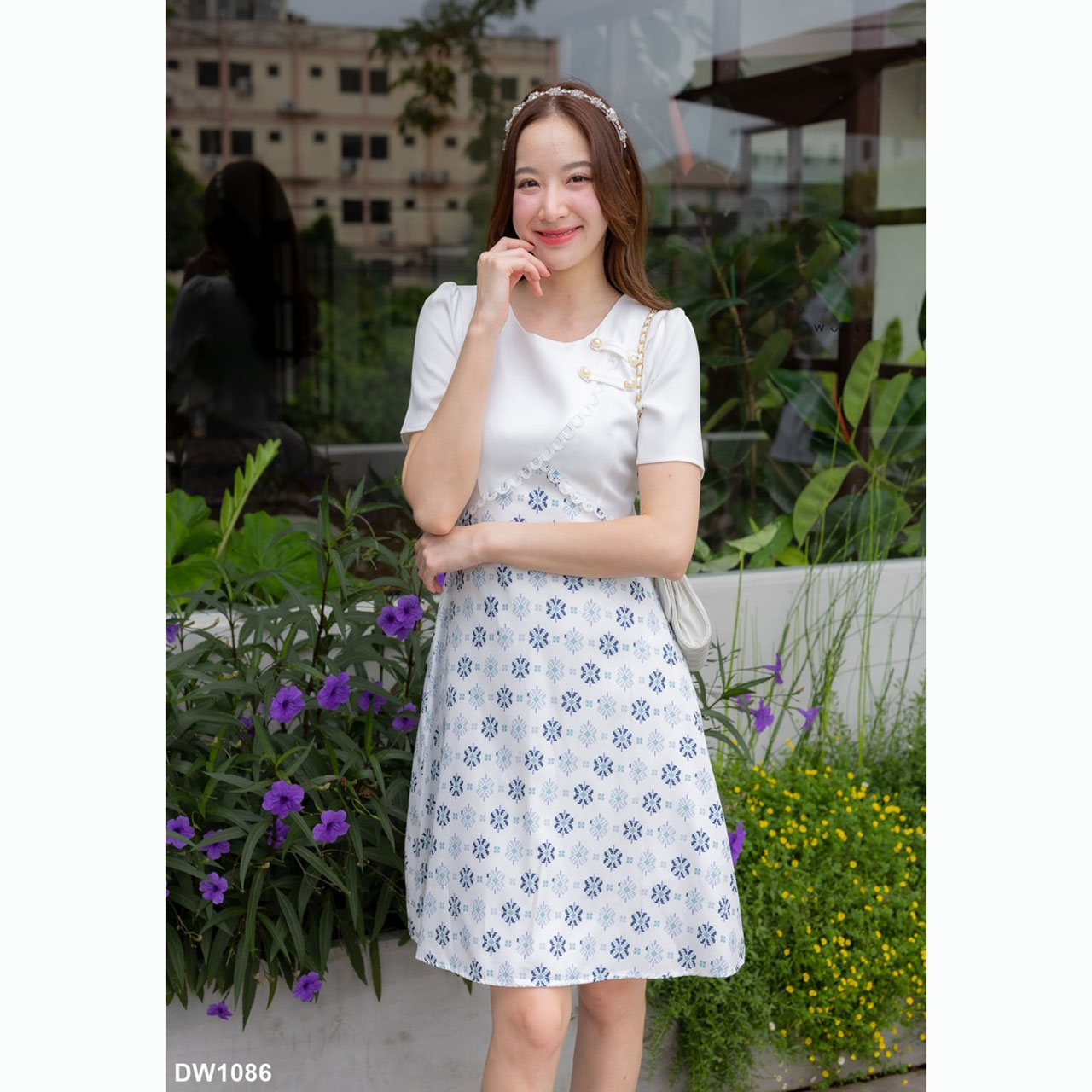 kudapy เดรสสั้นสีเขียว/สีแดง/สีชมพู/สีฟ้า/สีขาว กระโปรงลายไทย ใส่ทำงาน ใส่เที่ยวสวยดูดี