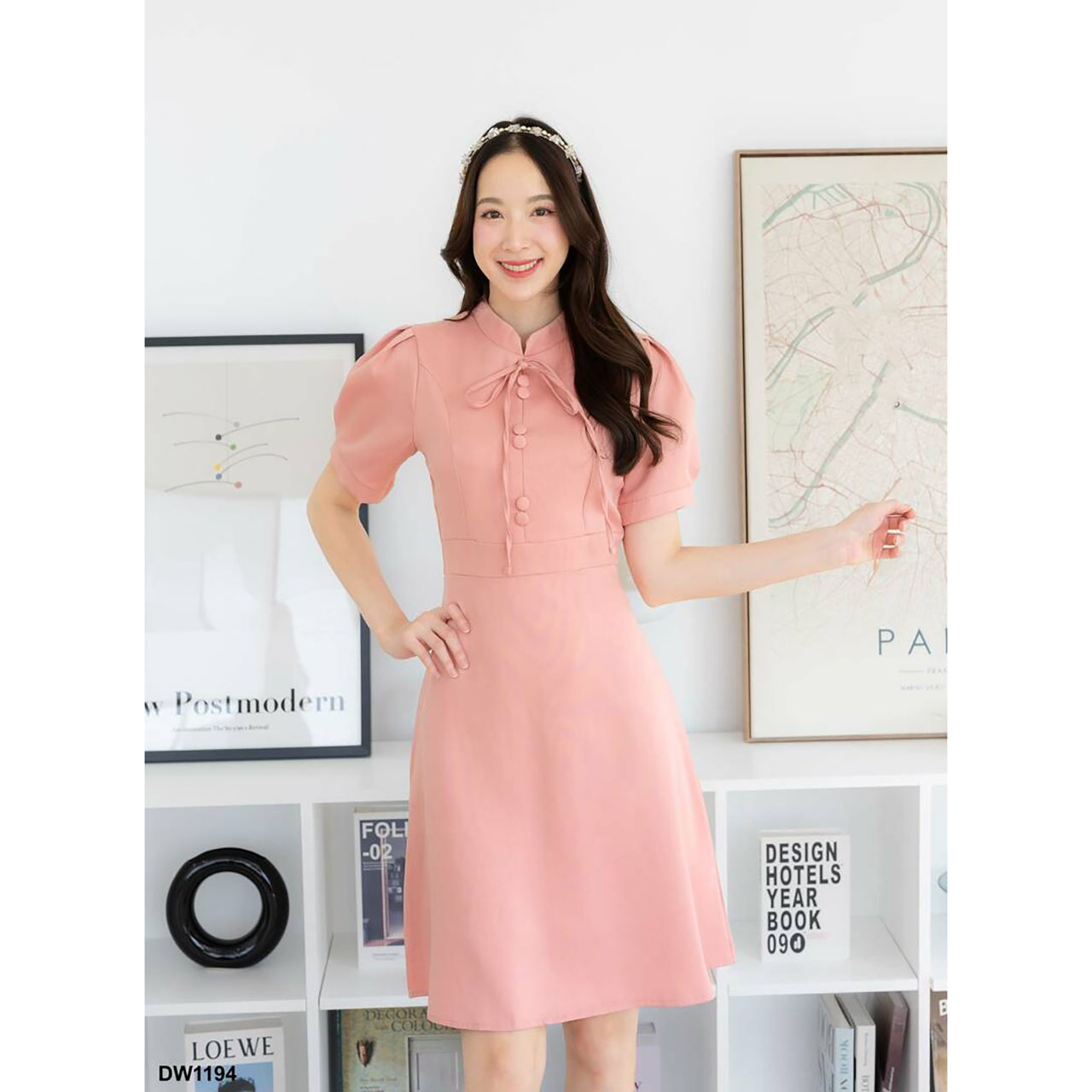 kudapy เดรสสั้นสีฟ้า/สีม่วง/สีชมพู กระโปรงบานผ้าพื้นผูกคอ