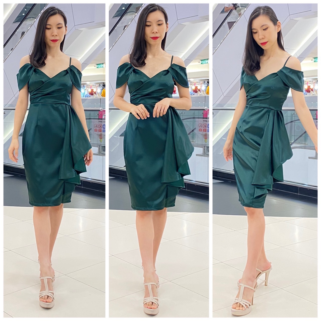 kudapy เดรสสายเดี่ยวเปิดไหล่ สีชมพูพิ้งค์โกลล์, เขียวมรกต, ทองโรสโกลล์ ,แดง, กรมท่า,ส้มอิฐ ,ฟ้า ,เทา เดรสผ้าดัชเชทเงาวาวสวย สายเดี่ยวเปิดบ่า ทรงคิมเบอร์รี่ ช่วงอกป้ายไขว้ จับจีบ กระโปรงสอบ ผ่าหลัง